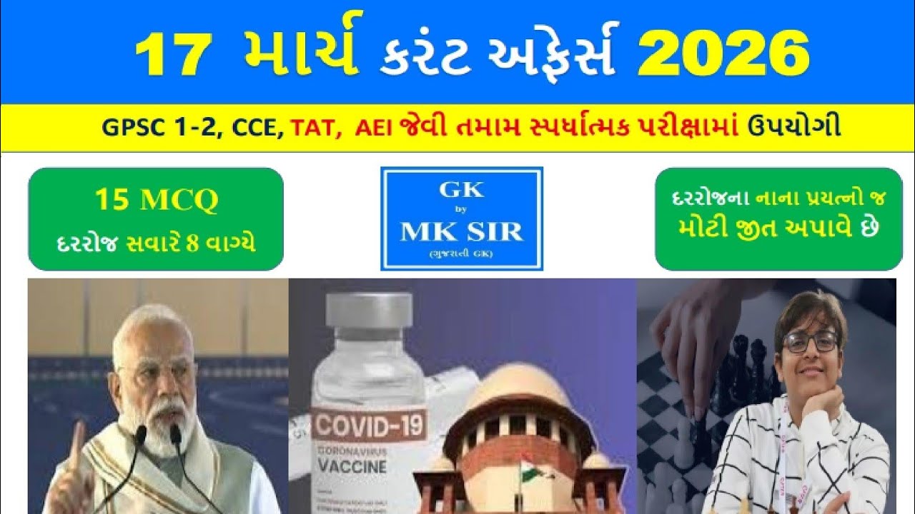 17 March 2026 | Current Affairs in Gujarati l 17 માર્ચ 2026 કરંટ અફેર્સ | CCE AEI Police Exam