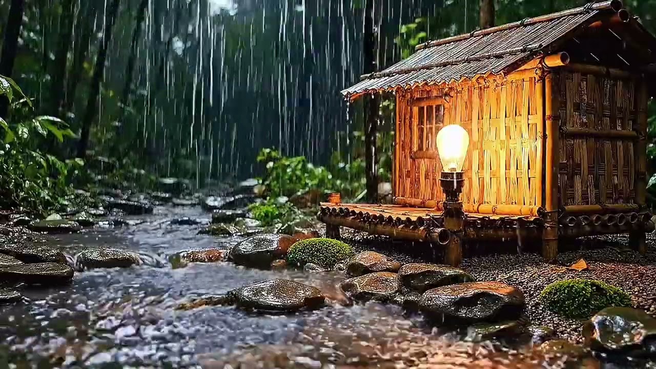 Peaceful Riverside Hut in Heavy Rain 🌧️ | 4 Hours of Relaxing Rain and Water Sounds
