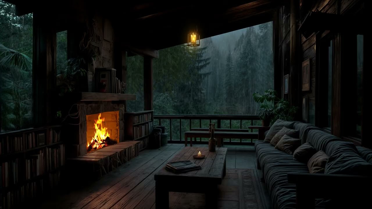 Slowly Fall Asleep in a Cozy Forest Cabin with Rain Outside and a Crackling Fireplace 🌧️🔥