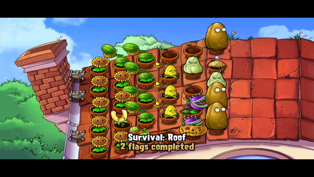 Survival : Roof | Completed | Plants vs Zombies | 5 flags | winter melon | Tall Nut