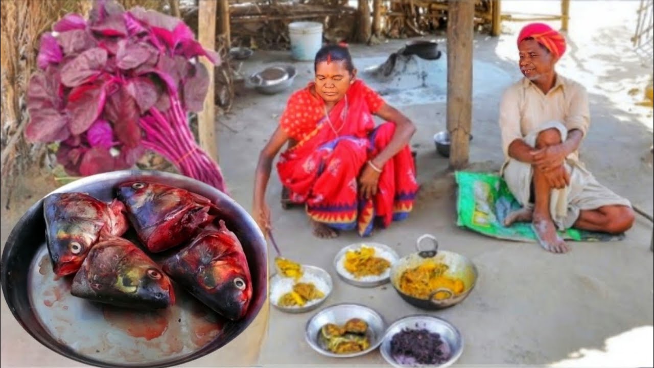 fish head curry recipe and lal shak vaji || cooking and eating by santali tribe old couple #fishhead