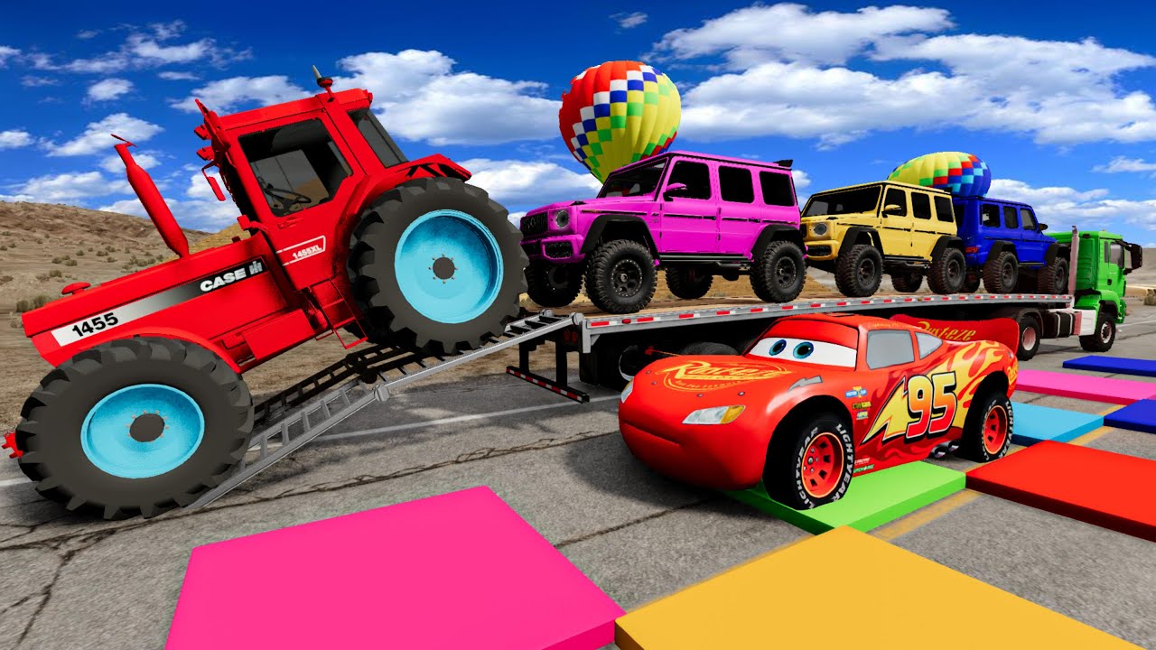 TRANSPORTING PIXAR CARS & FRUITS WITH COLORED & JOHN DEERE vs CLAAS vs TRACTORS - BeamNG.drive 