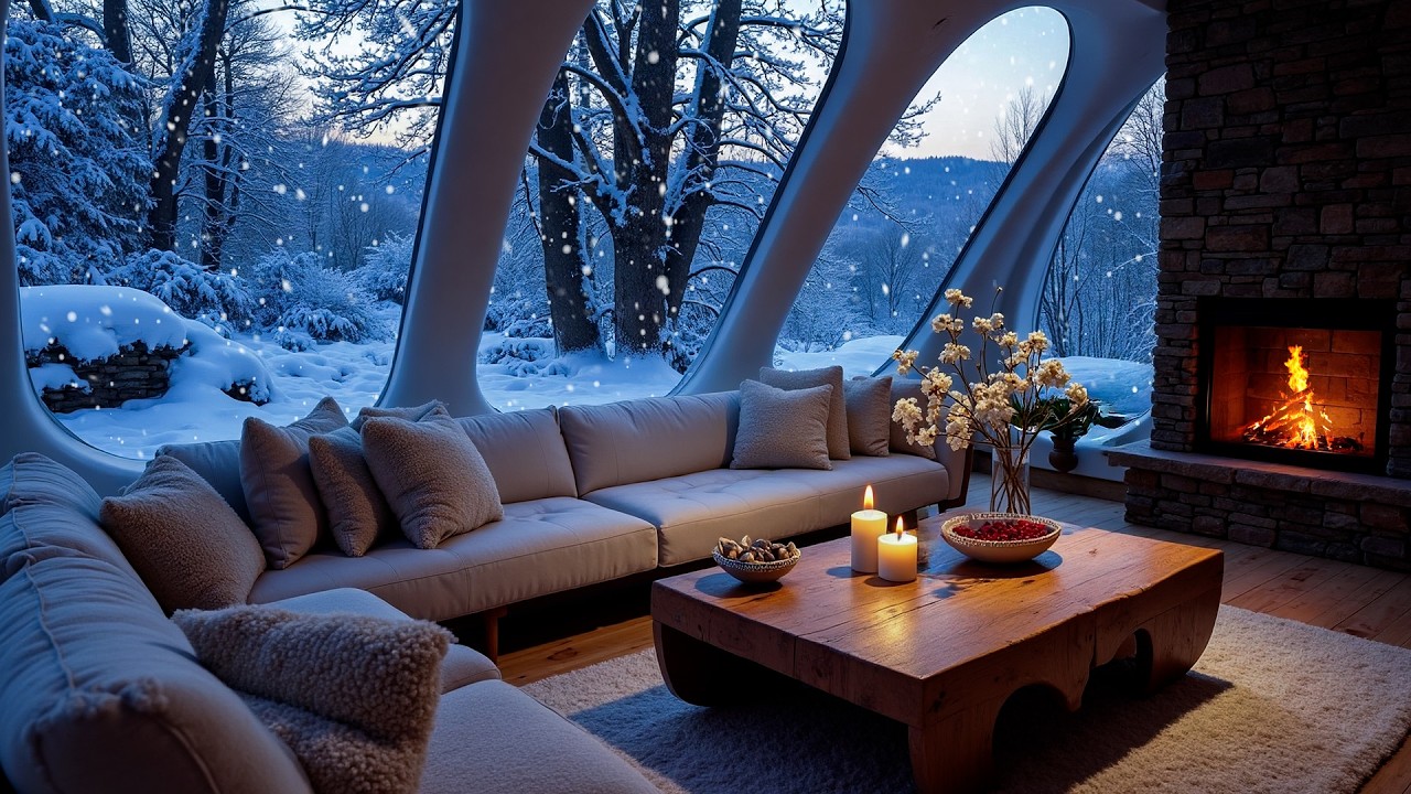 Relaxing Winter Piano Soundscape in a White Room ❄️🎹 | Snowy Window Scenery, Cozy Fireplace