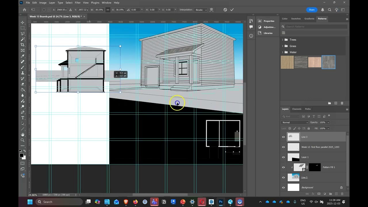 Exporting section view from Sketchup to Photoshop and setting up the presentation boards.