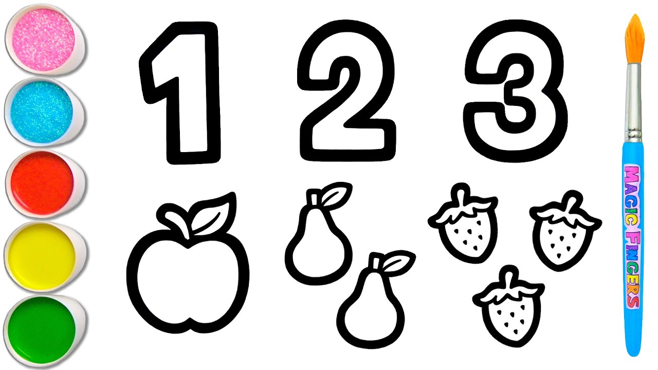 Gambar Nomor 1, 2 dan 3 dengan Buah Menggambar, Melukis, Mewarnai untuk Anak & Balita 🍎🍐🍓 #403