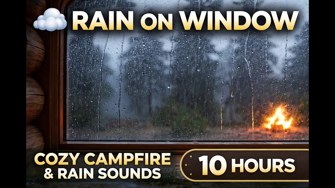 🌧️ Rain on Window & Distant Campfire in the Forest – Cozy Rain Sounds for Deep Sleep | 10 Hours