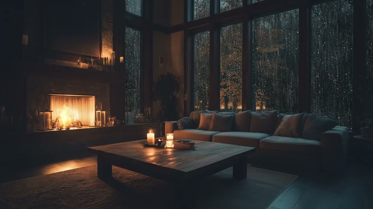 Rainy Forest Night Outside | Warm Fireplace & Peaceful Living Room Ambience