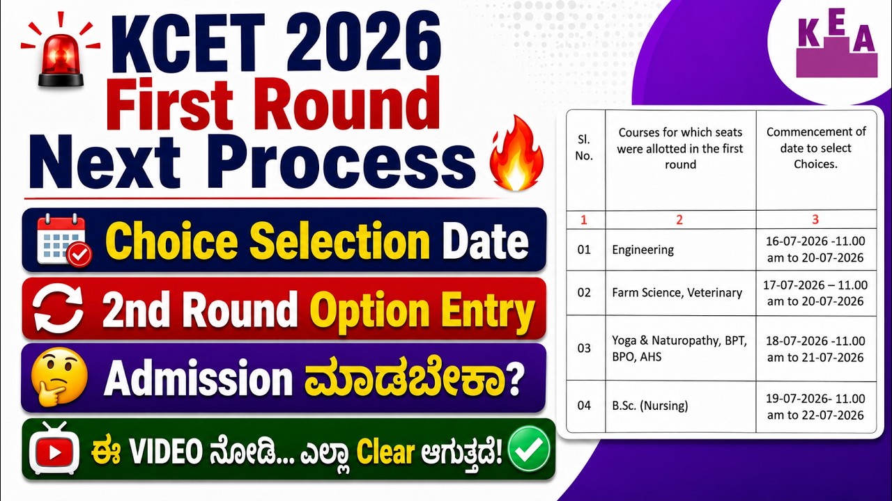 🎉 KCET 2026 First Round Choice Link? Date | Seat allotment first round | 2nd Round Option Entry date