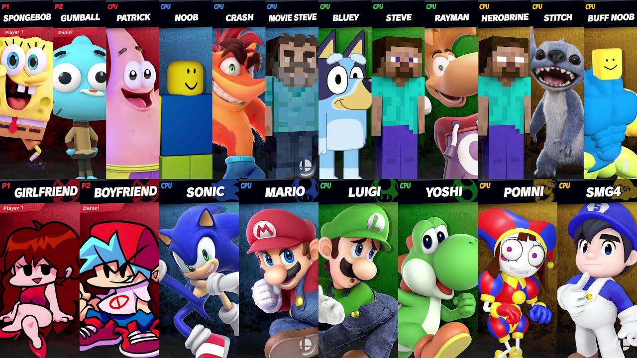 NEW Sonic vs Mario vs Roblox vs Minecraft vs Bluey vs SpongeBob vs Crash vs Steve | Super Smash Bros