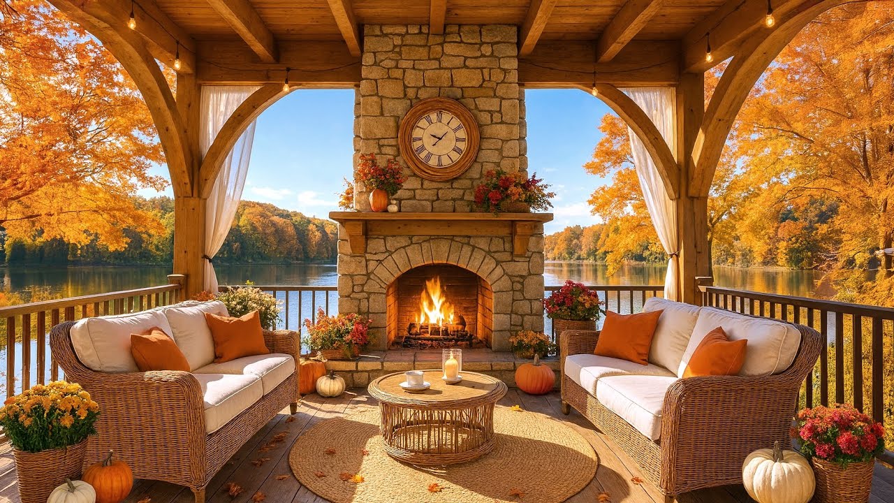 Cozy Autumn Porch by the Lake with Fireplace & Bird Sounds | Sleep & Stress Relief