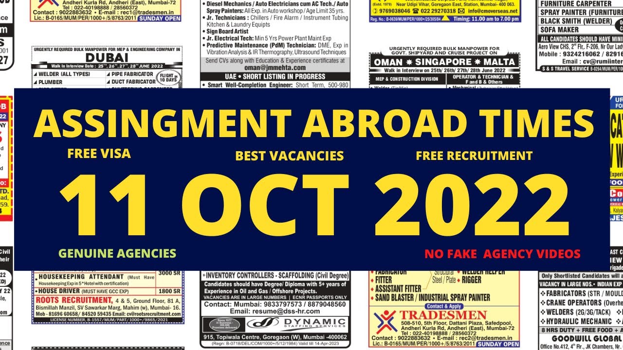 Assignment Abroad Times Today, 11 Oct  2022, Gulf Jobs updates, Assignments Abroad Times Newspaper