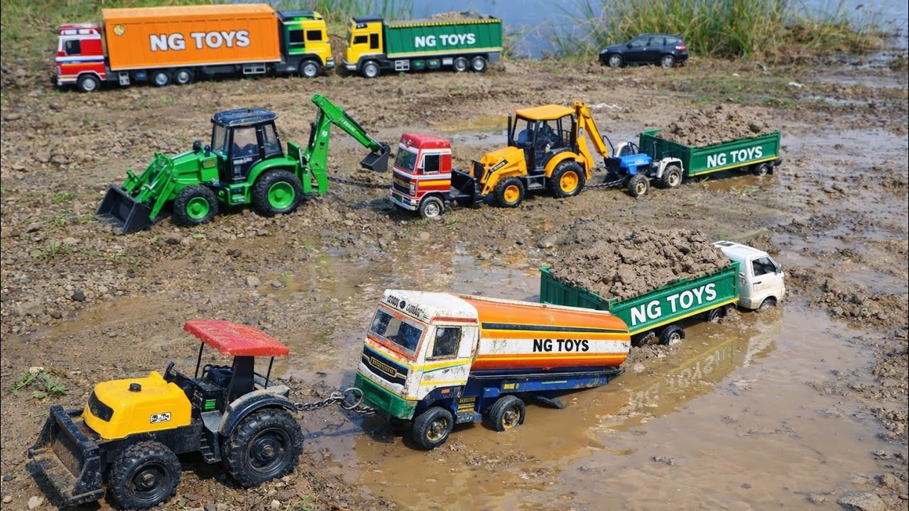 TATA Dumper TATA Tipper TATA Truck Accident Muddy Water Pulling Jcb Cartoon Tractor Crane ? NG  Toy