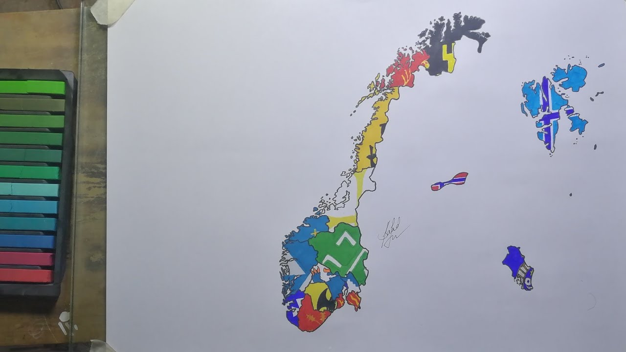 Drawing Norway counties flag map | Norway regions flags | Tegning av Norges fylker flaggkart