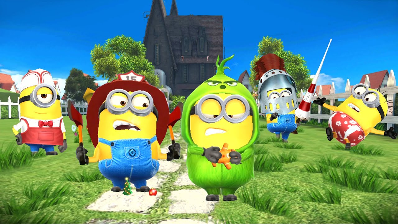 Green minion, Firefighter, Ice Cream Stuart, Surfer and Knight minions at Residential Area Lv.33