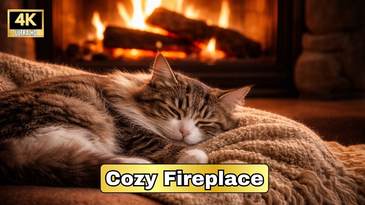 Cozy Fireplace with Sleeping Cat 🐱🔥 Relaxing Cat TV Live