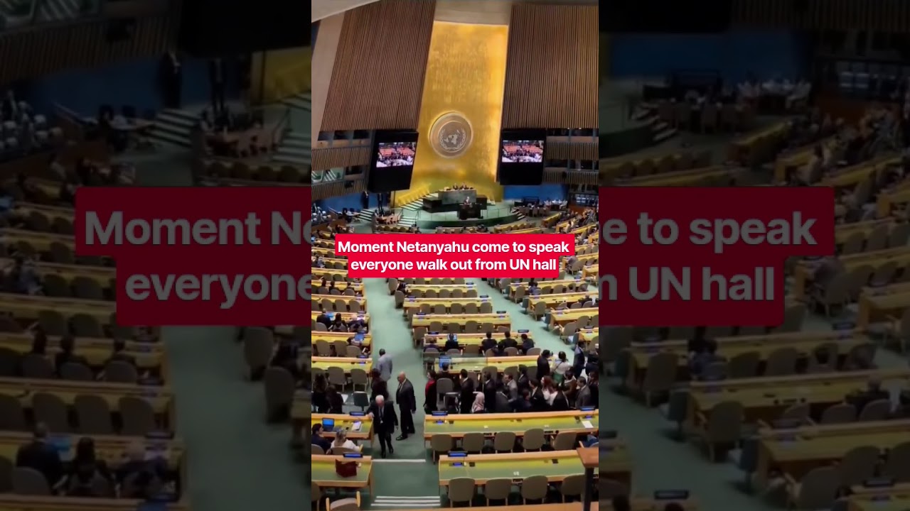 Moment NetanYahu speaks to Empty chairs in the United nation. Everyone walk out from the UN Hall.