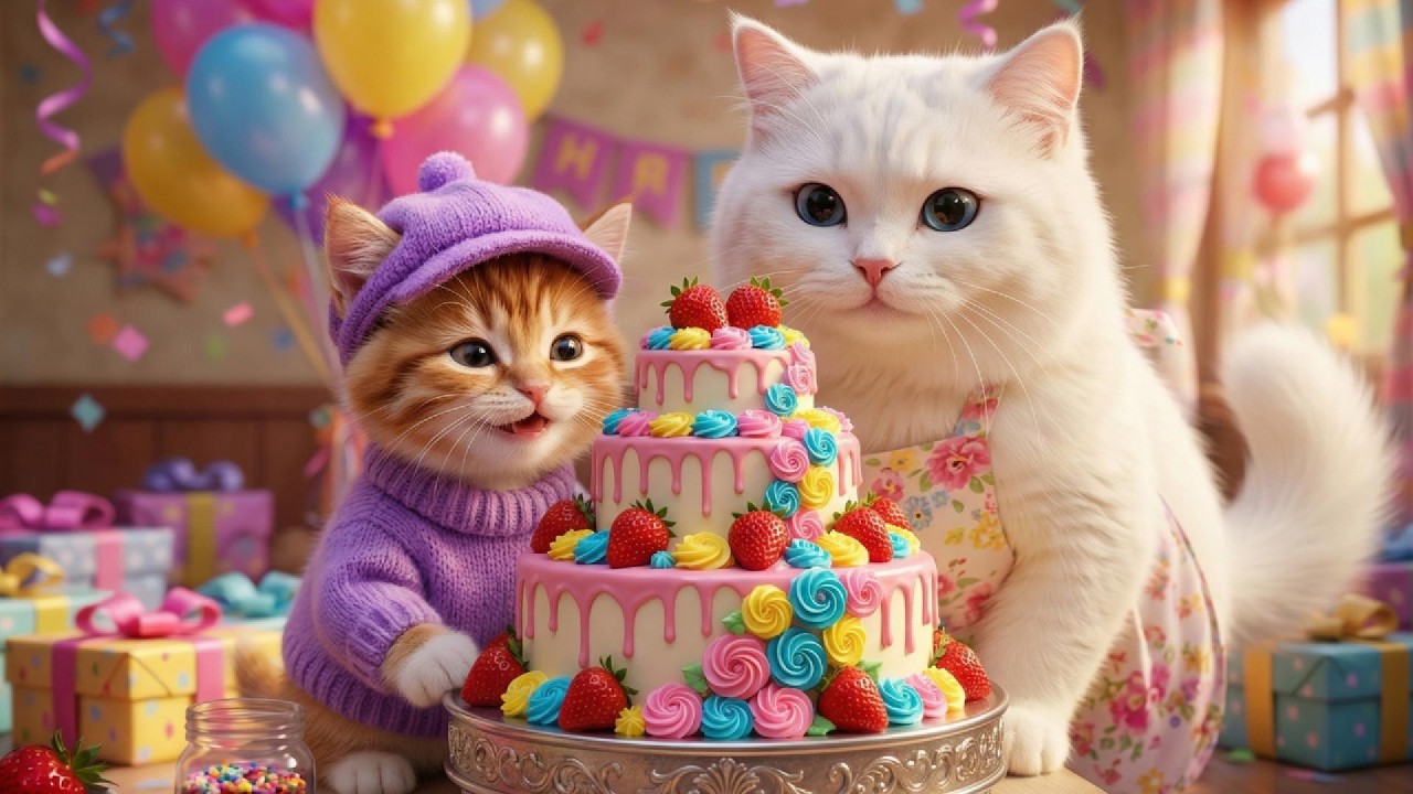 Mama Cat Makes a Birthday Cake for Baby Cat 🎂🐱 | Cute Cat Story Sweetest Birthday Cake for Kitten 🐱🎂