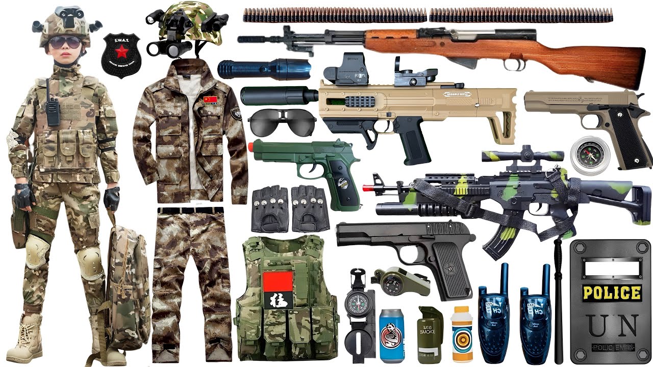 Special police weapon toy set unboxing, submachine gun, Glock pistol, M416 rifle, bomb dagger