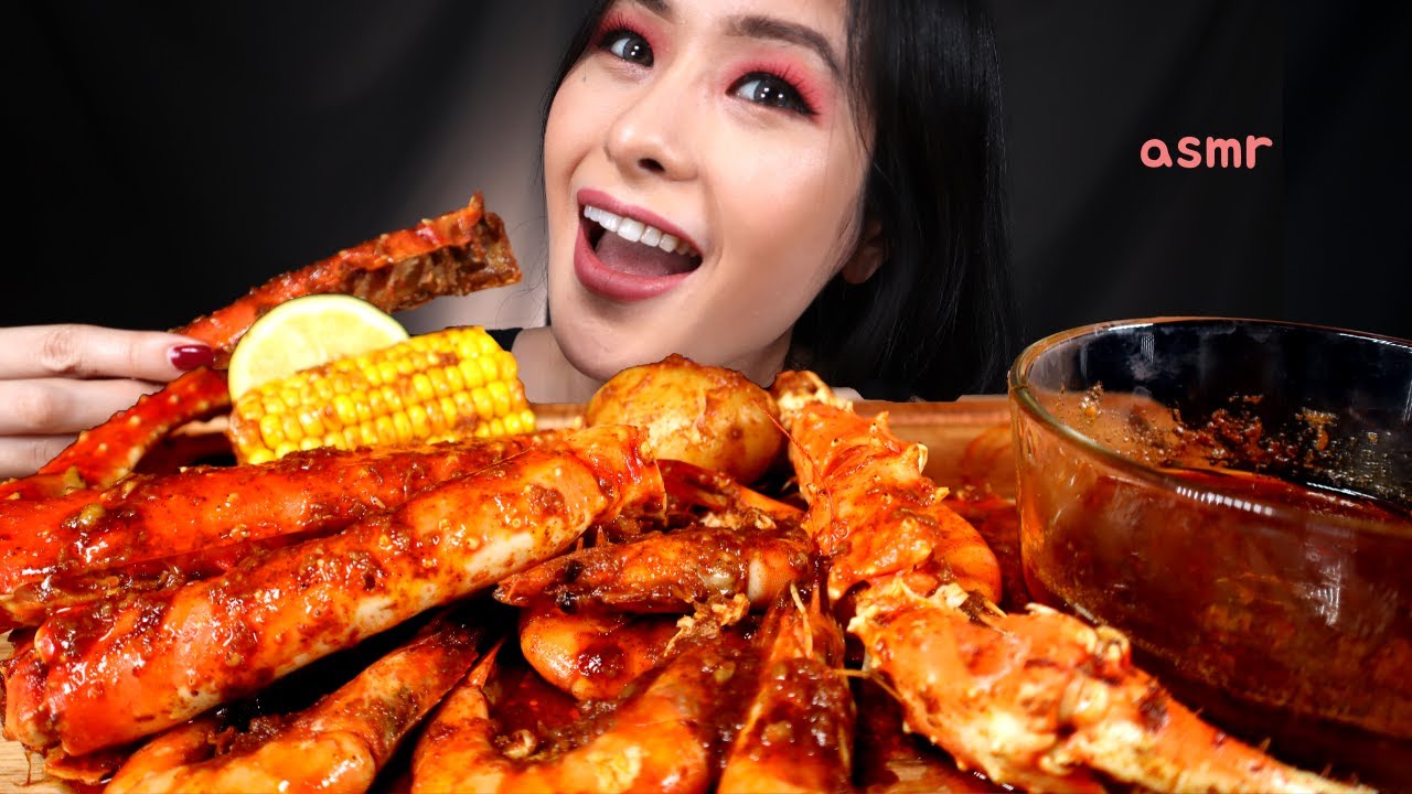 ASMR EATING SEAFOOD BOIL (SAUCY & MESSY) & RICE MUKBANG (KING CRAB, SHRIMP, CORN, POTATO)