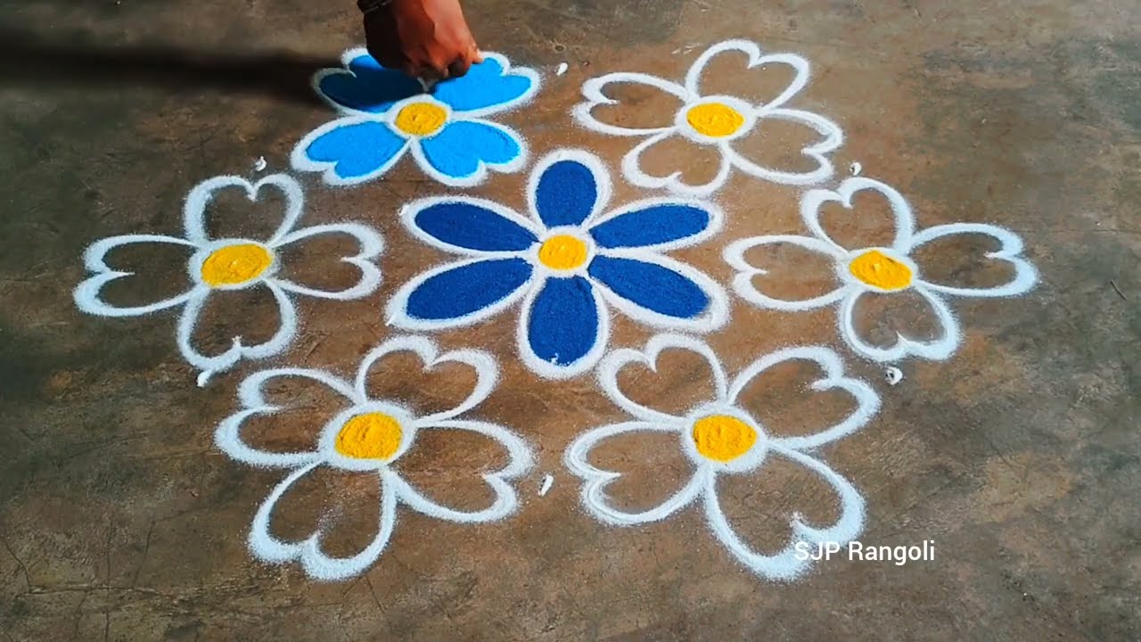 Pongal pot flowers design colour kolam 🌺 5*3 dots simple muggulu 🌺 colour flowers rangoli
