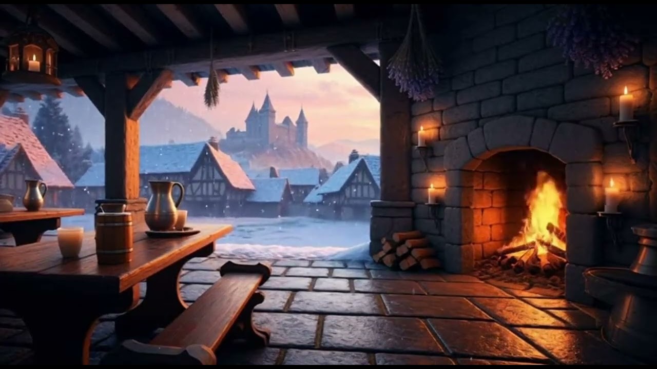 Cold Snowy Day at the Tavern ❄️🔥 | 3 Hours Medieval Ambience for Study, Relaxation & Sleep