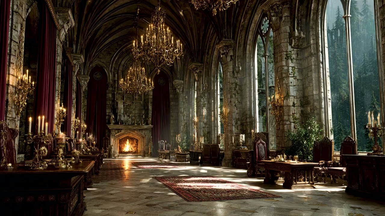 Fantasy Castle Ambience | Cozy Fireplace, Gentle Rain & Magical Winter Night Atmosphere