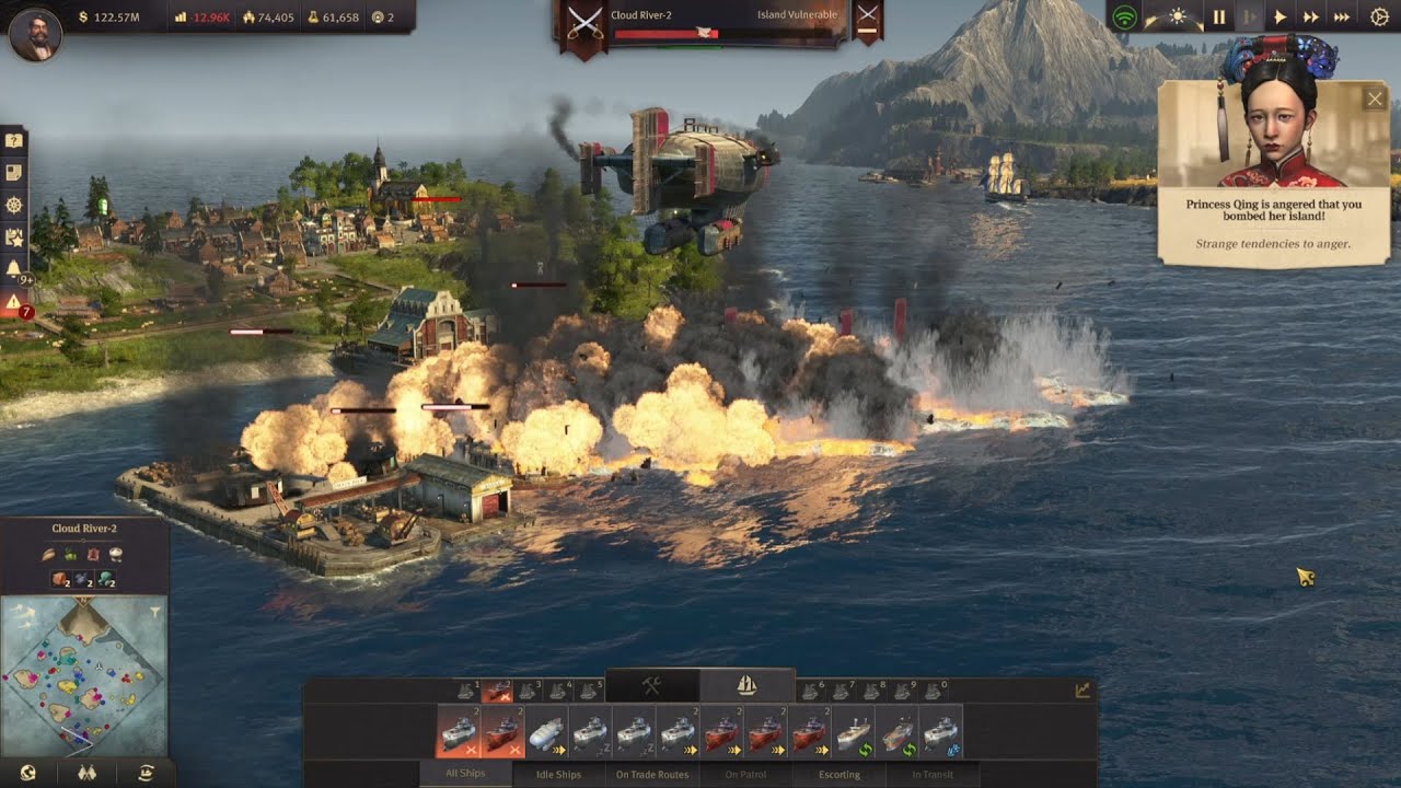 Carpet bombing a harbor from the air (Anno 1800)