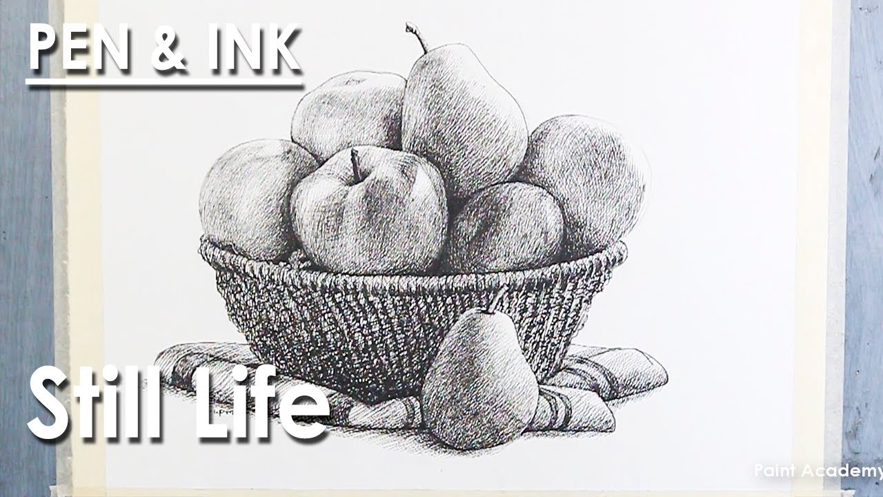 Pen and Ink Still Life Drawing : Fruits Basket | step by step shading technique