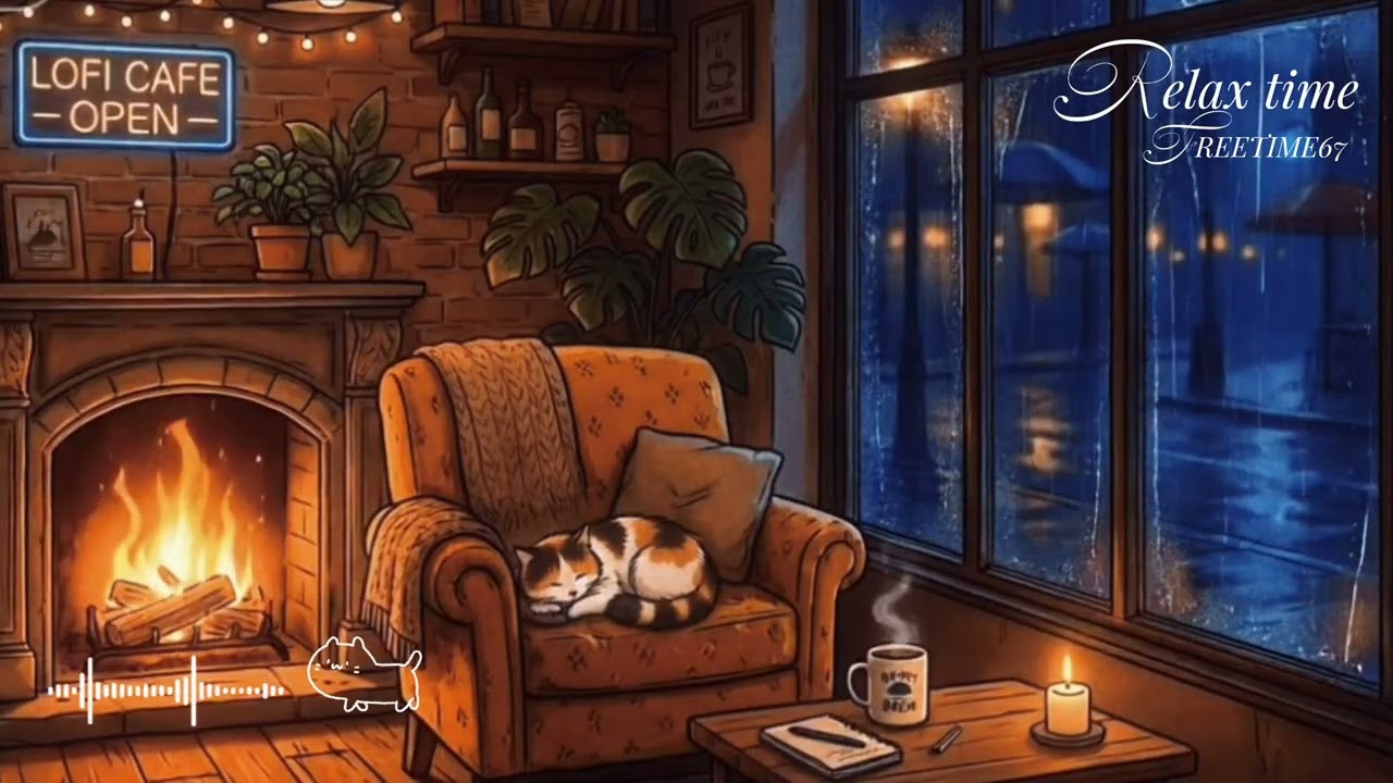 Rainy Night at the Lofi Cafe ☕🌧️ | Cozy Fireplace Beats for Relax & Study 🐱 (1 Hour)