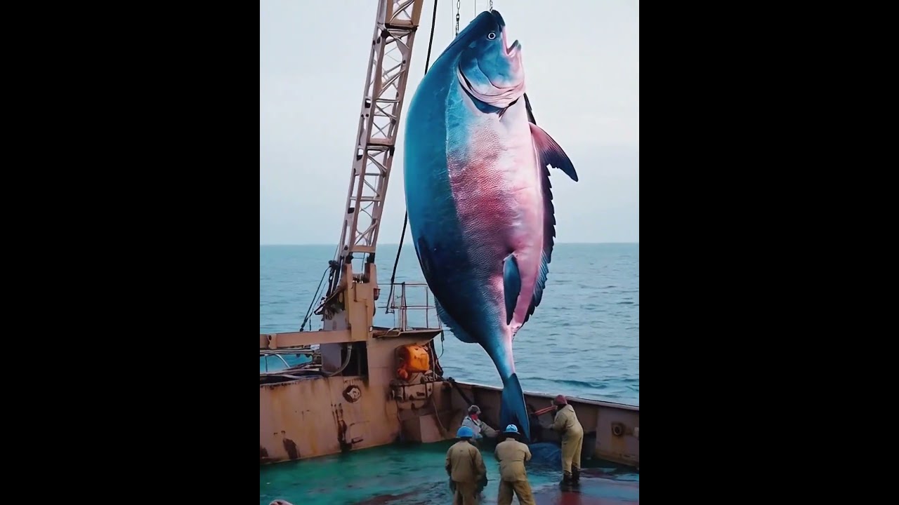 A large giant fish moving with a crane on a ship