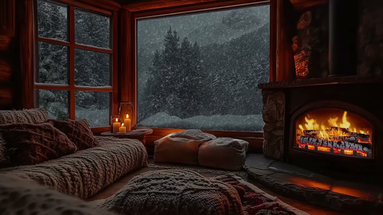 🔥 Relaxing Fireplace Sounds with Falling Snow ❄️ | Winter Cabin 🛋