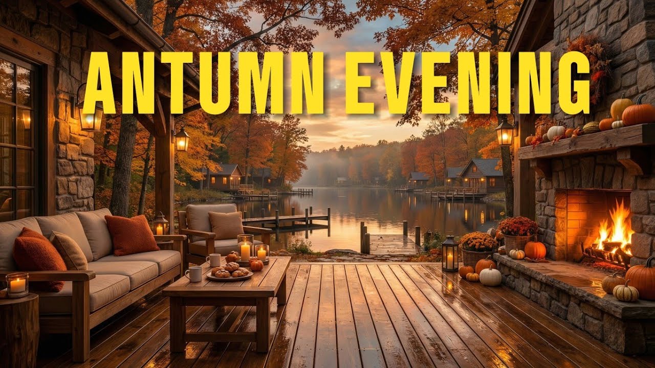 Soft Acoustic Guitar & Fireplace Ambience | Cozy Autumn Lakeside Evening