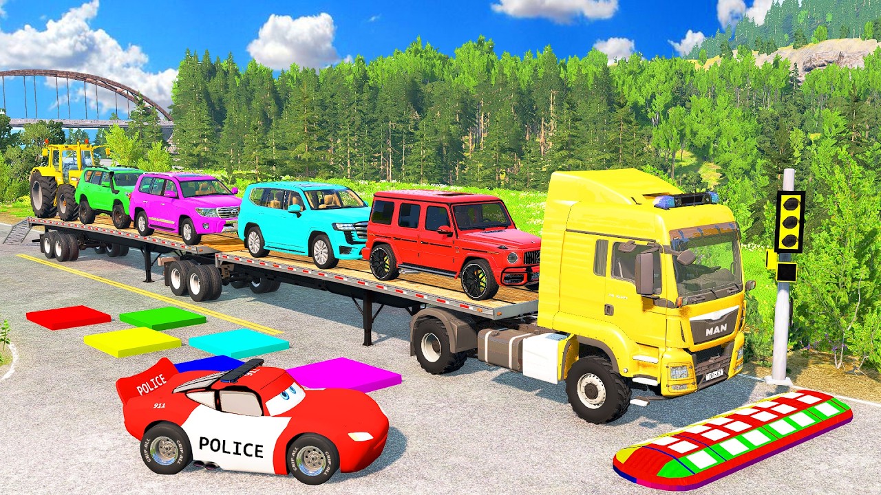 TRANSPORTING PIXAR CARS & FRUITS WITH COLORED & JOHN DEERE vs CLAAS vs TRACTORS - BeamNG.drive #983