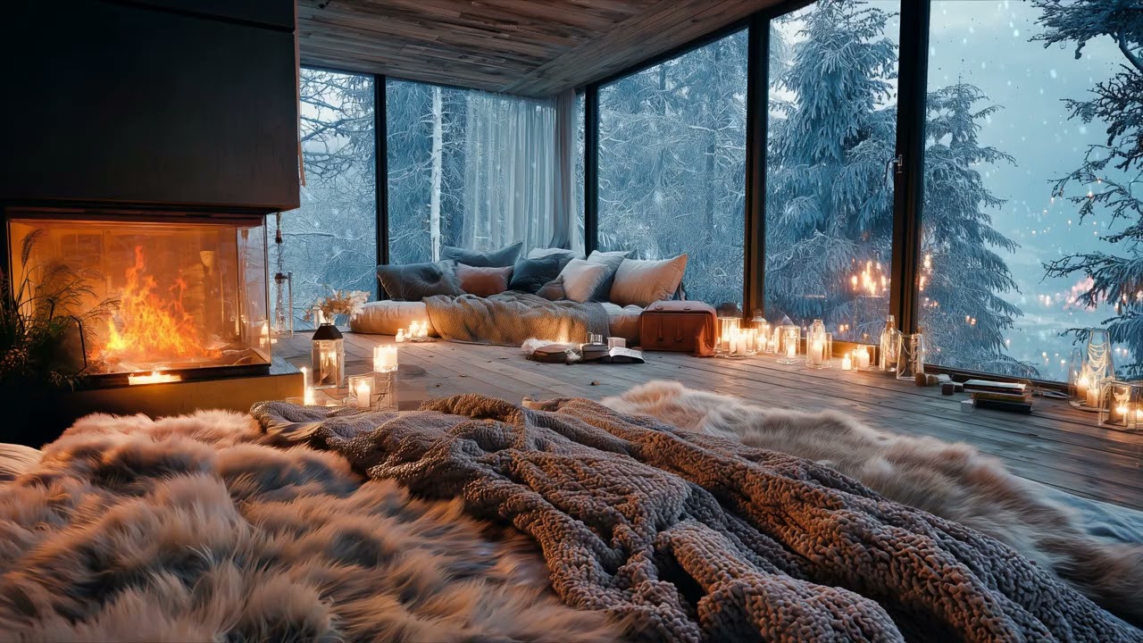 Relaxing Ambient Guitar Music ❄️ Cozy Winter Apartment | Fireplace & Falling Snow (No Ads)