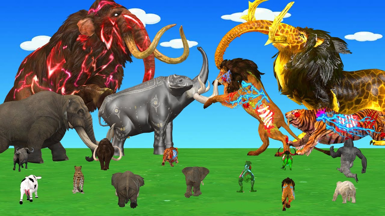 10 Giant Mammoth vs 5 Giant Tiger Lion Attack Baby Son Cow Gorilla Buffalo Saved By Woolly Mammoth