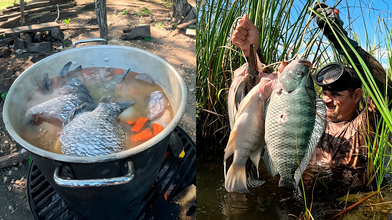Un lugar hermoso con TILAPIAS GIGANTES, pescando con arpón, y cocinando un caldo