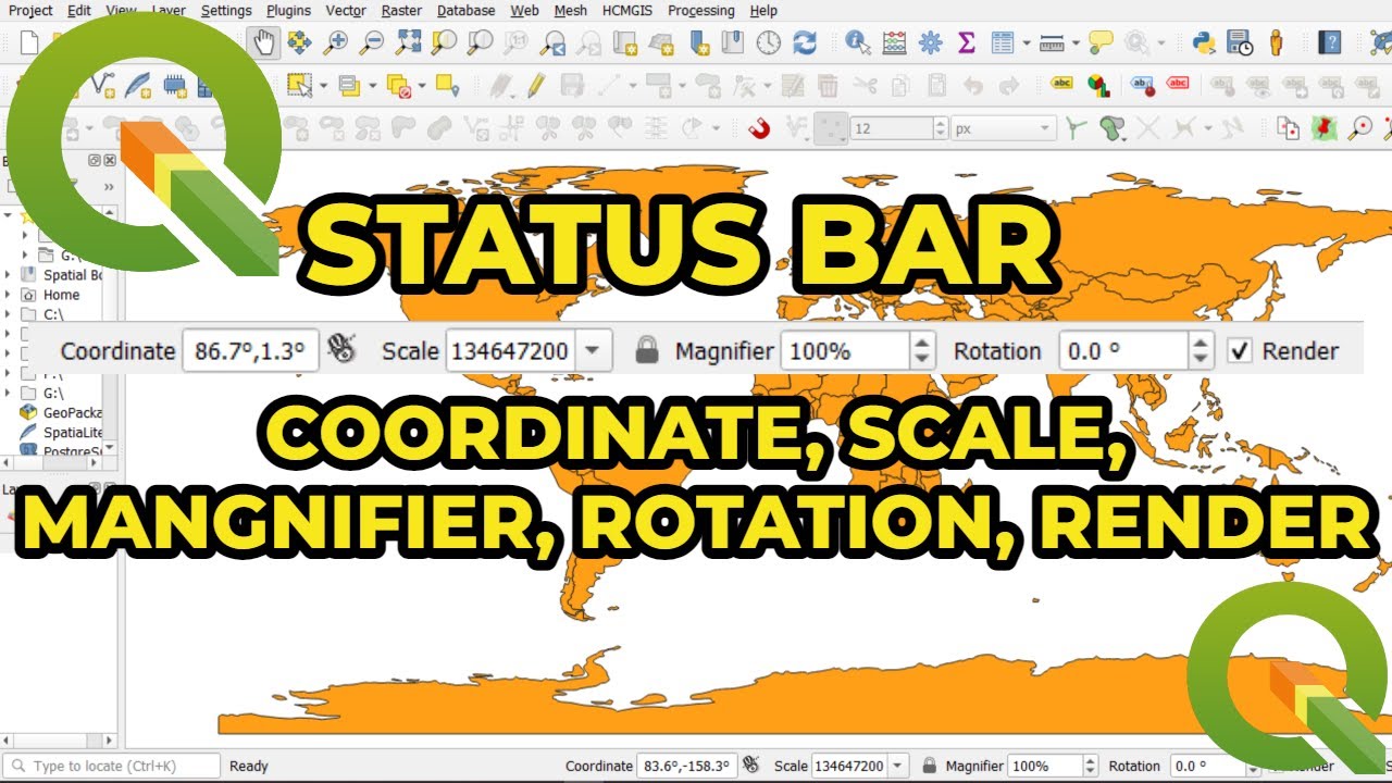 Status bar - Part 1 | Coordinates | Scale | Magnifier | Render in QGIS - Tutorial 4