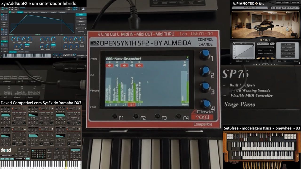 Opensynth SF2 DEMO PLAY -  (FluidSynth SF2) -  (ZynAddSubFX) - (SetBFree Organ) - (Pianoteq)  drums