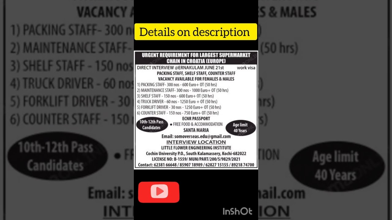 Supermarket jobs in Europe,10th,12th pass Croatia - Direct Interview