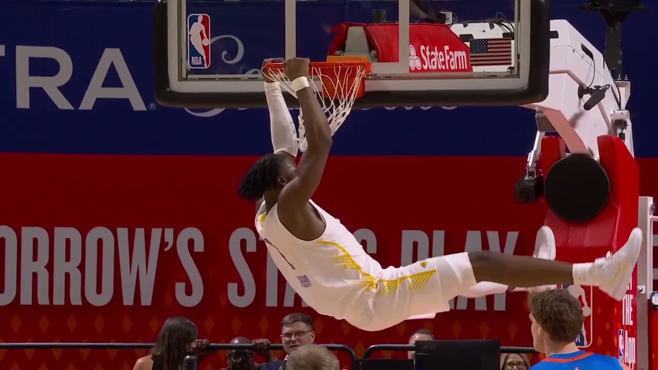 Adou Thiero soars for the powerful two-handed alley-oop dunk