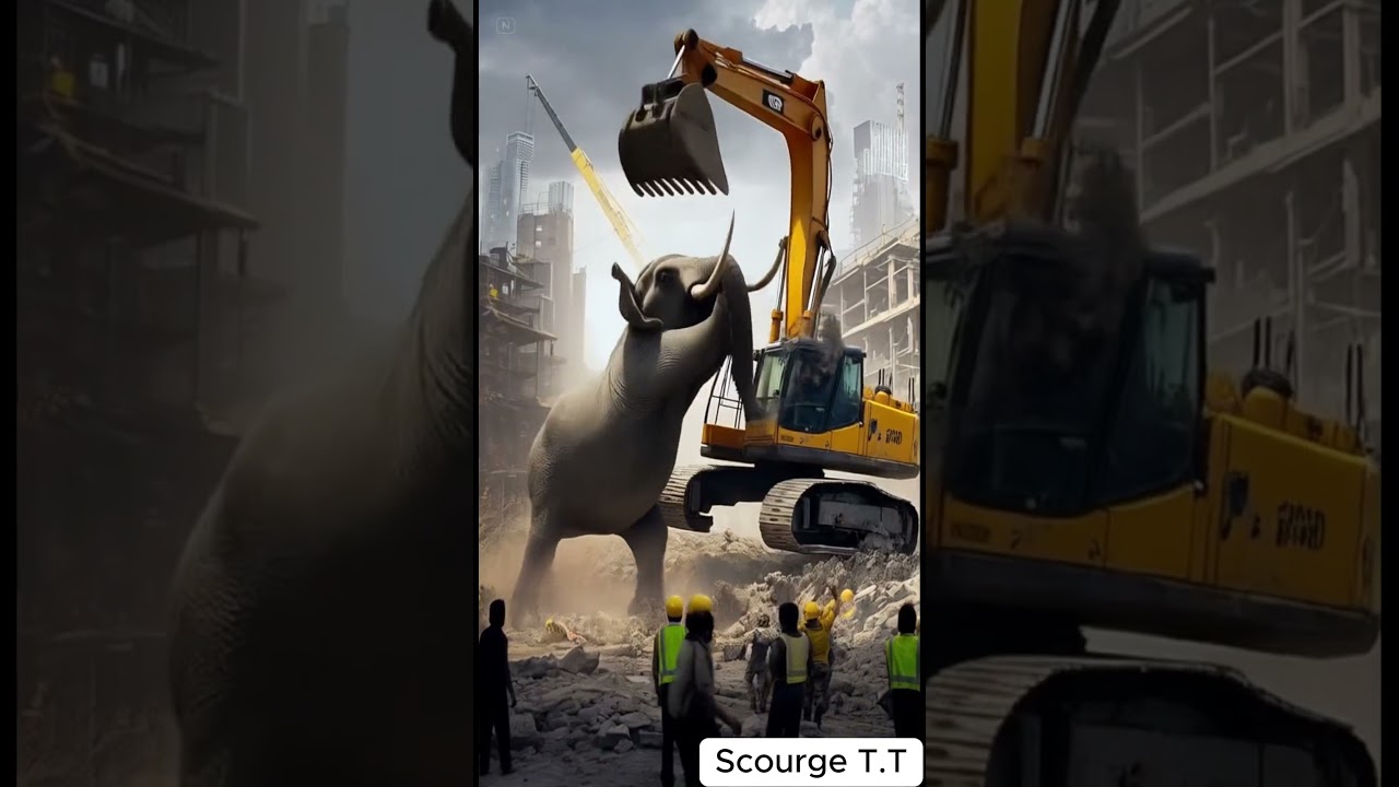 Crazy elephant attacks excavator