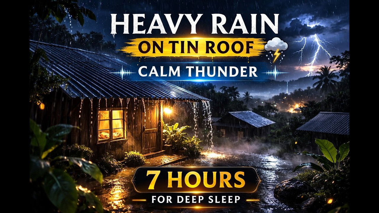 Heavy Rain on Tin Roof with Thunder 🌧️⚡ 7 Hours Night Storm Sounds for Deep Sleep (No Ads)