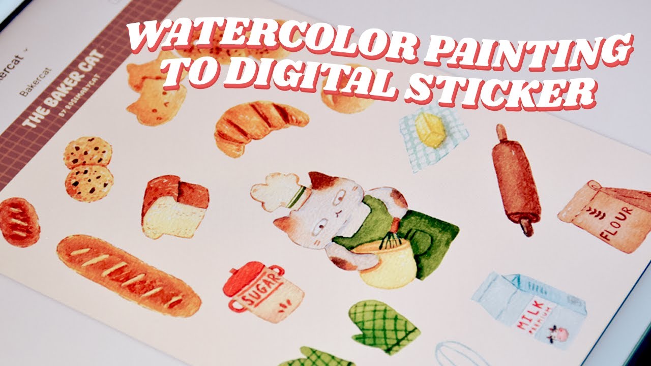How I make digital stickers from watercolor painting | The Baker Cat | Cozy watercolor painting