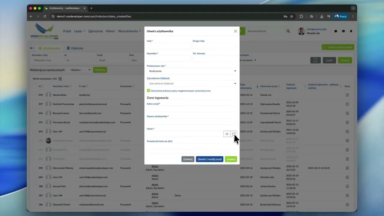 voxDeveloper CRM - tworzenie i blokowanie konta użytkownika
