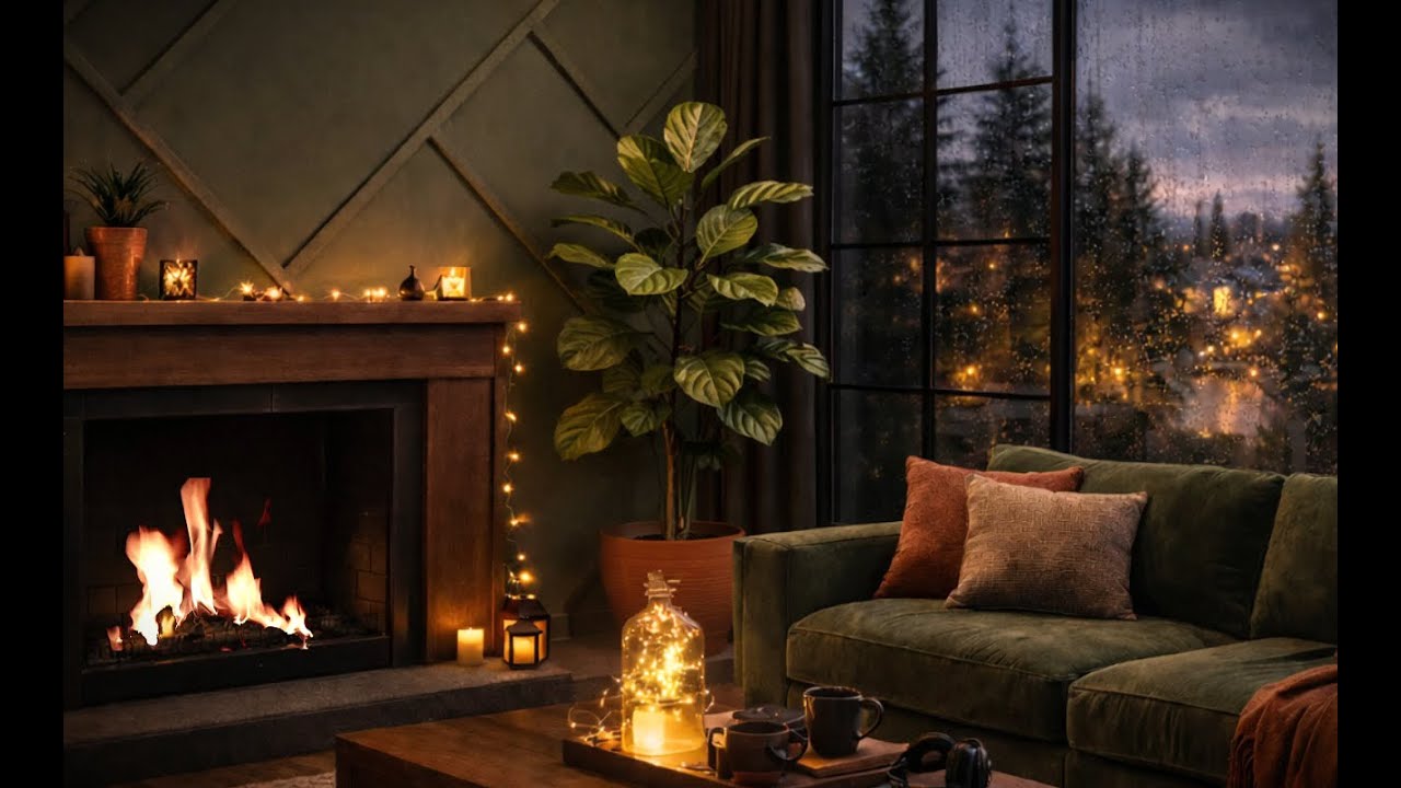 Cozy at Home | Rainy Day and Crackling Fire Ambience | Soft Jazz Lofi & Rain Ambience