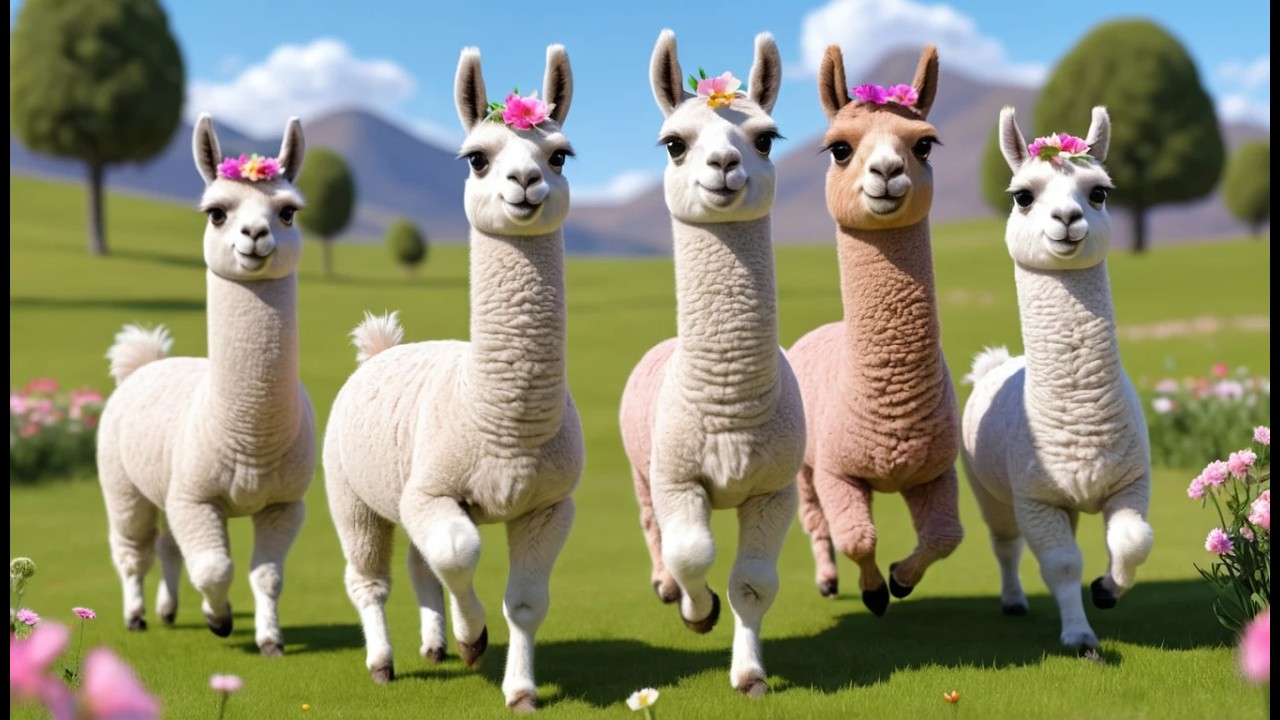 Fünf kleine Lamas springen auf der Wiese | Kinderlieder & Zählen lernen