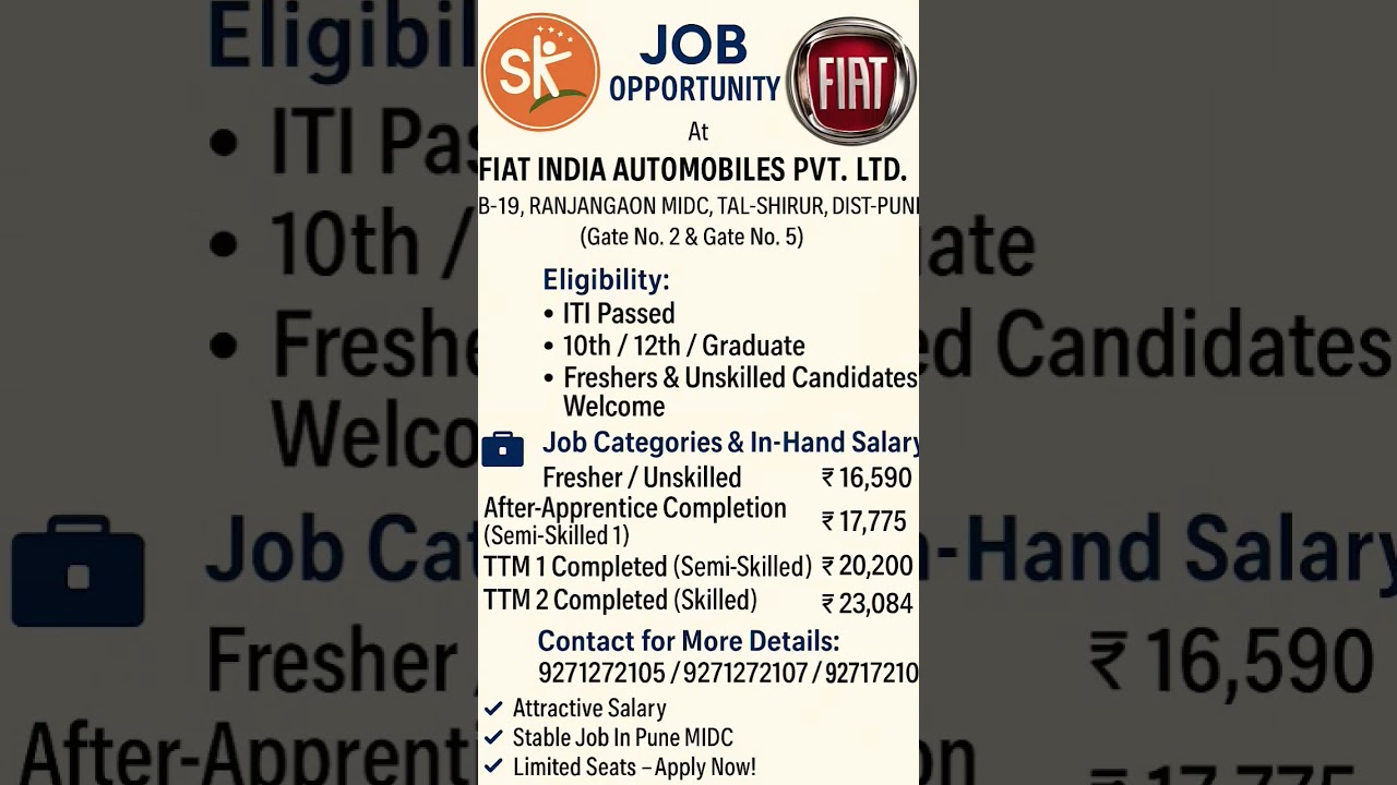 Fiat Job 2025 | Fresher & Unskilled Candidates Wanted!#itijobs #urgenthiring #jobalertmarathi