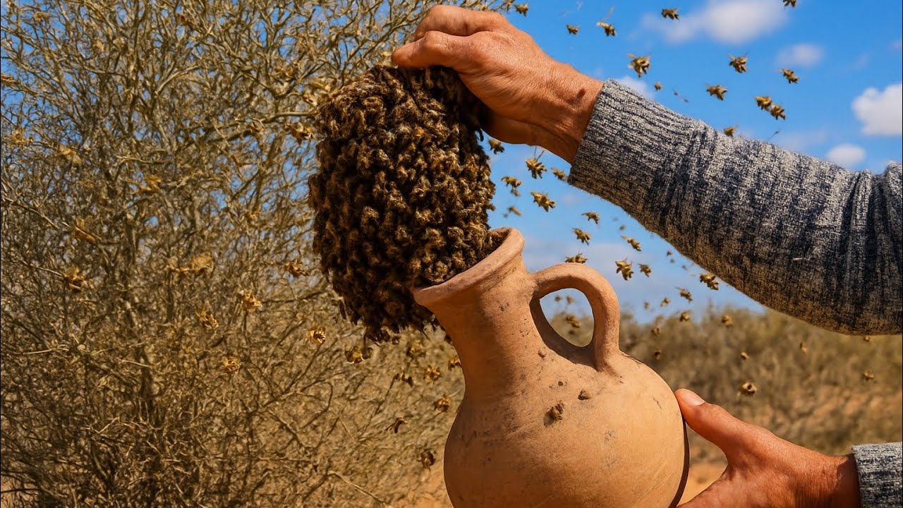 شاهد 🤔 حصلت على طرد النحل في فصل الشتاء 🌨️ سبحان الله ووضعته في الخابية