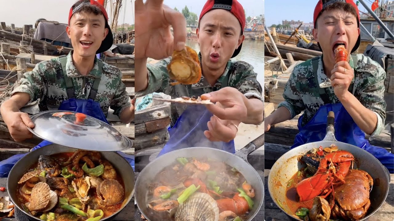 Fisherman eats lobster, scallops, octopus, sea fish, conch, shrimp, crab, squid#yummy #seafoodboil