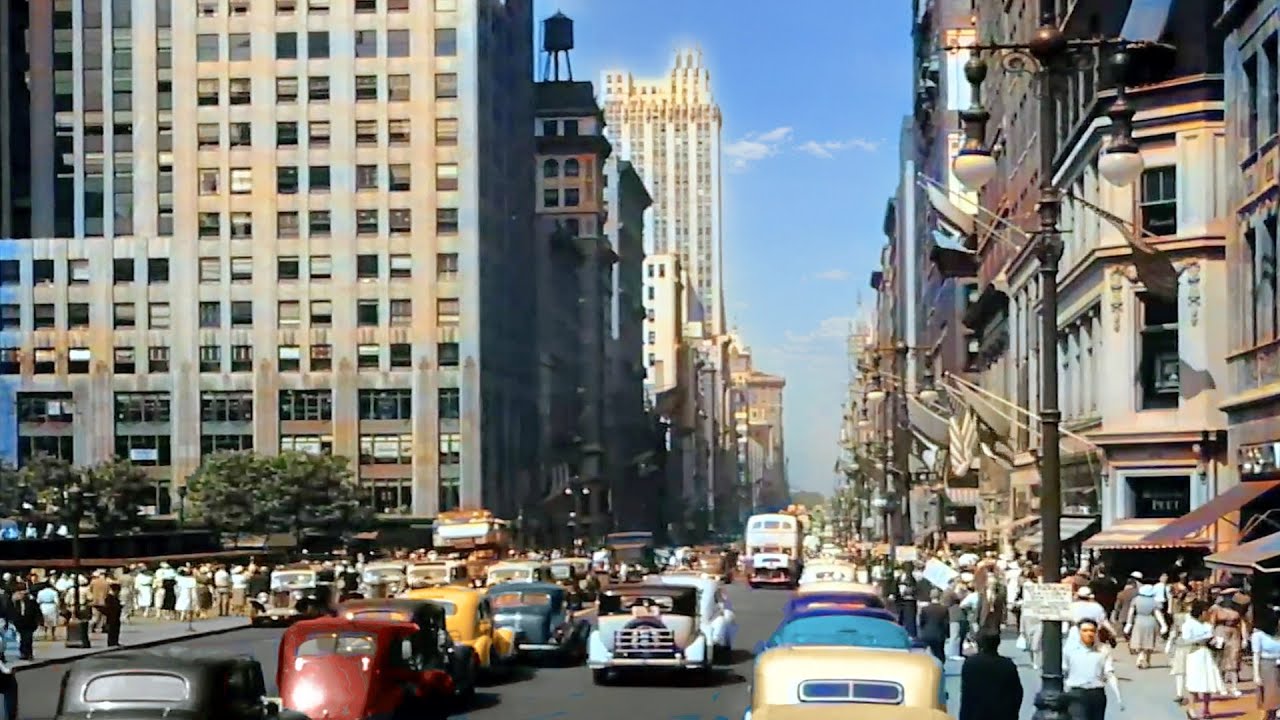 Old New York 30s, 40s in color [60fps, Remastered] w/sound design added
